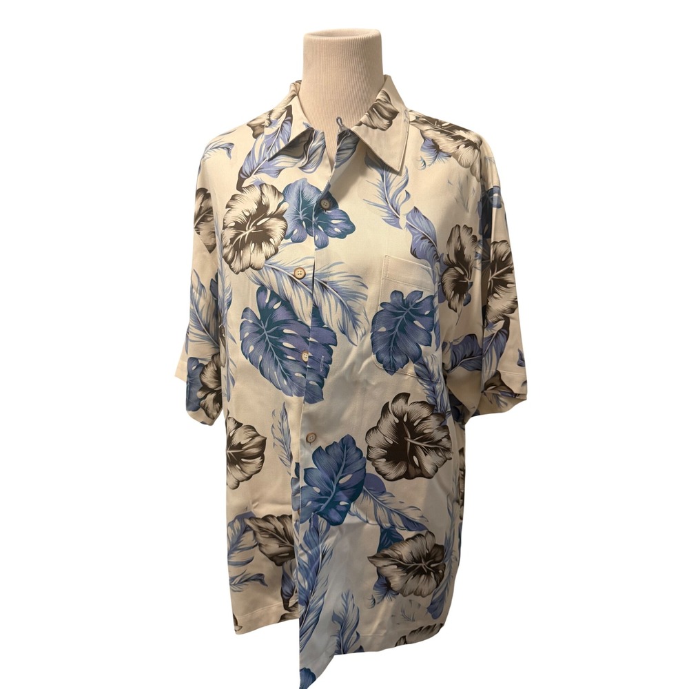 Pussers West Indies Mens Large Silk Tropical Hibiscus Monstera Shirt Cream Blue